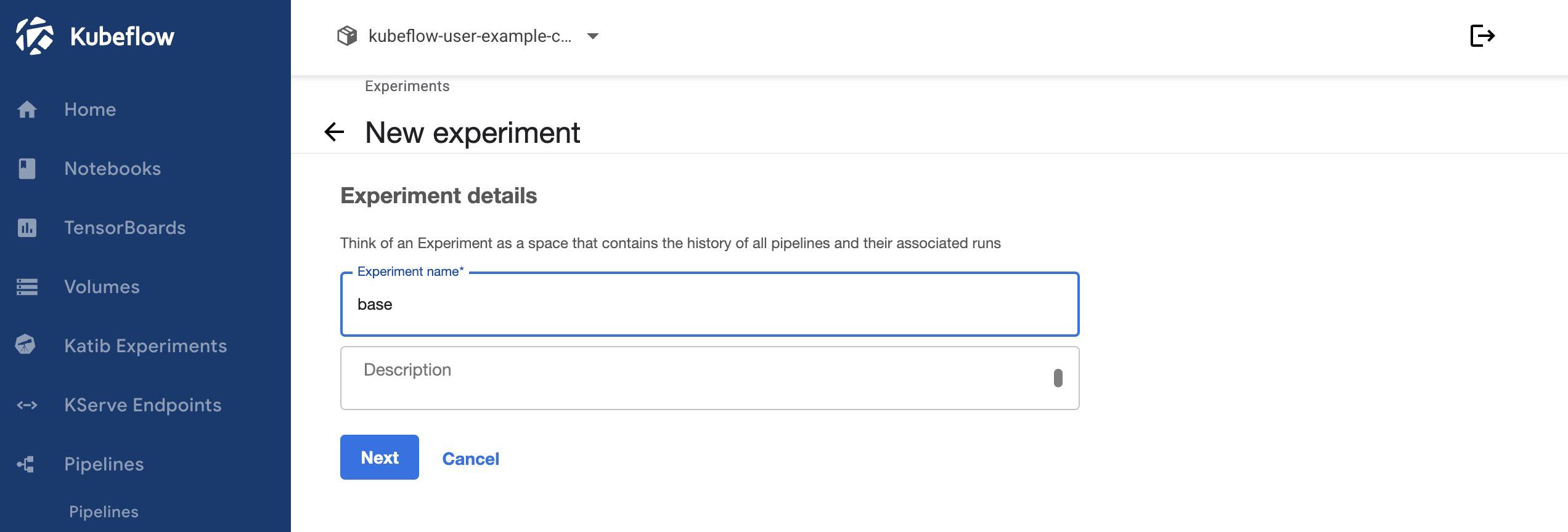 Screenshot of the New Experiment page within Kubeflow