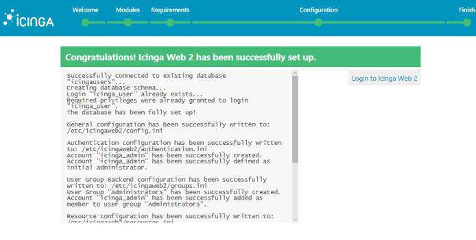 Icinga Successfully Set up - “Login to Icinga Web 2” button