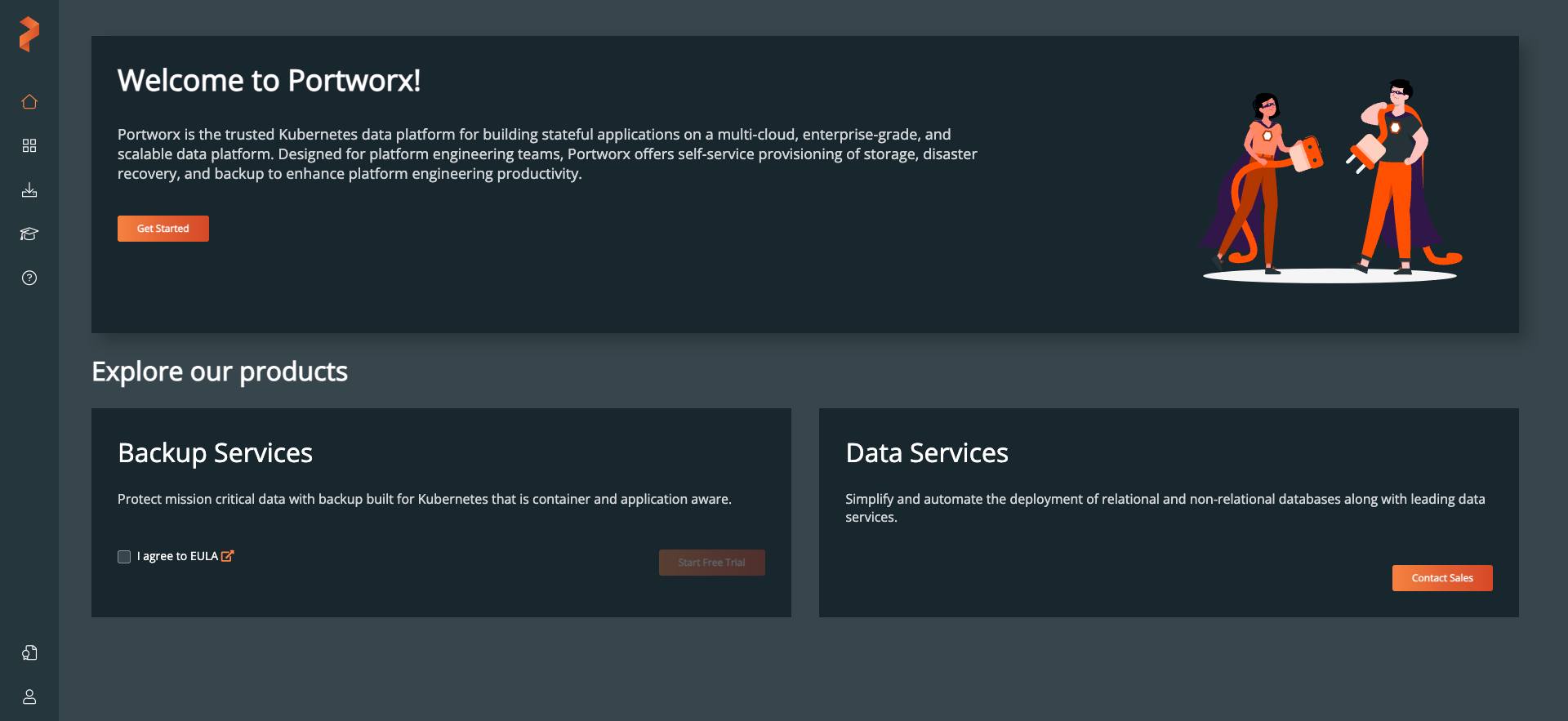 The “Welcome to Portworx” section of the Portworx Central Home page. The “Welcome to Portworx” section of the Portworx Central Home page.