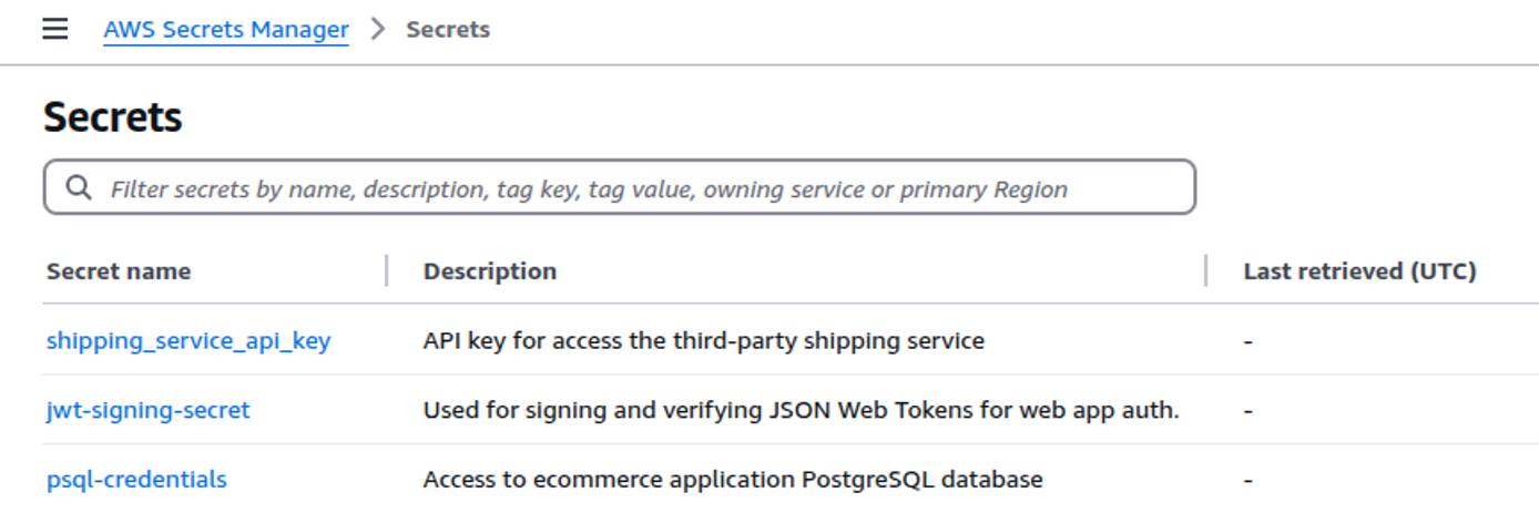 AWS Secrets Manager showing list of stored secrets.