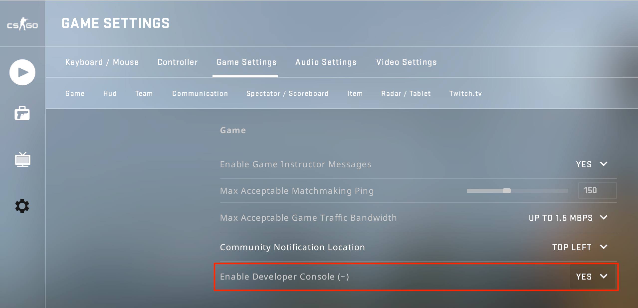 Enable the developer’s console if it is not currently enabled.